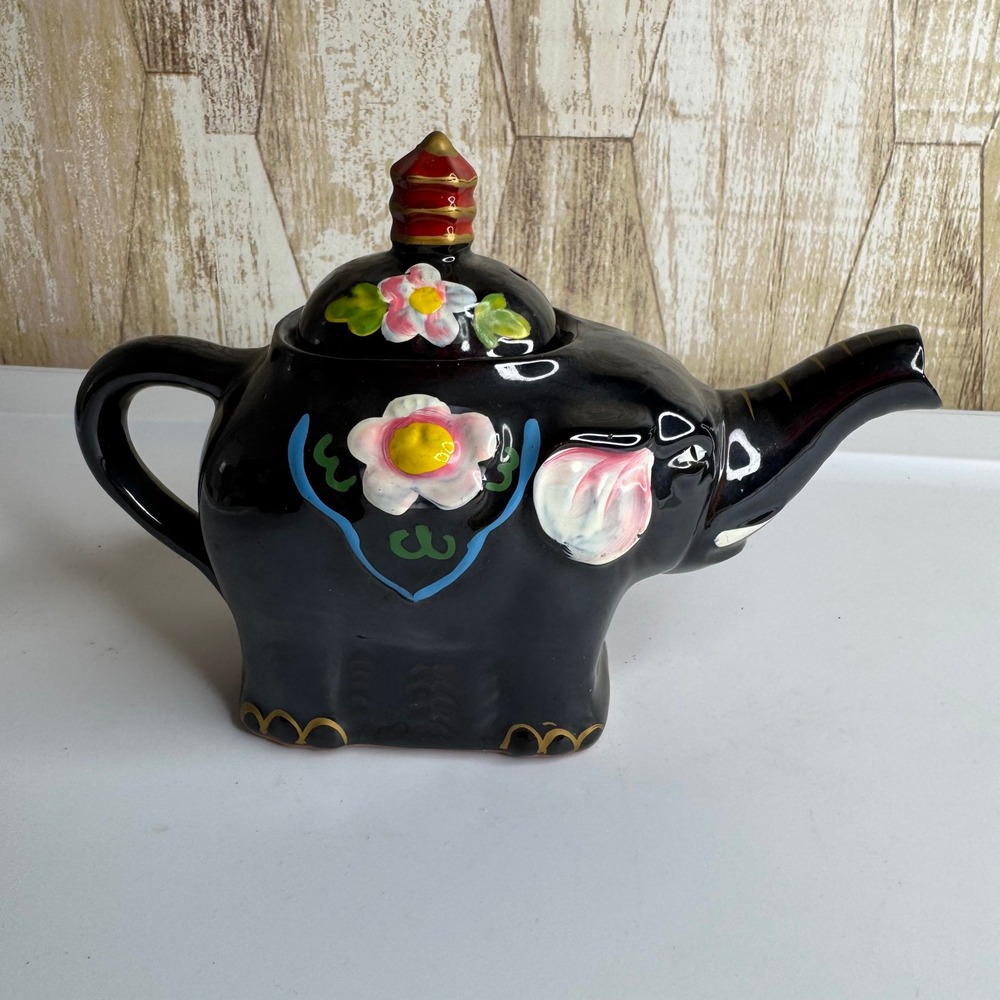 Vintage Black‎ Elephant Teapot Ceramic Floral Design with Lid Unique Collectible